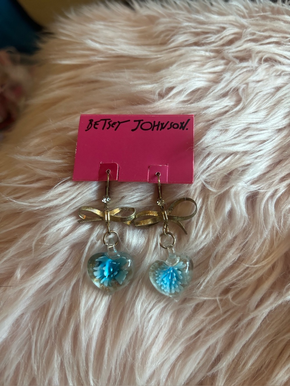 Betsey Johnson Gold Bow Earrings with Blue Heart Flower Drops